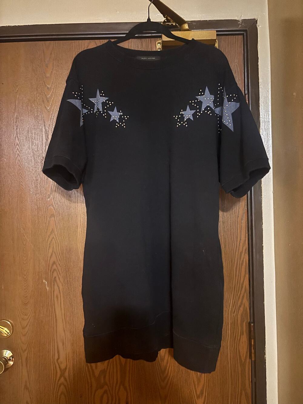 Marc Jacobs Black T-Shirt Studded Stars Unique Oversized Sweatshirt Mini Dress